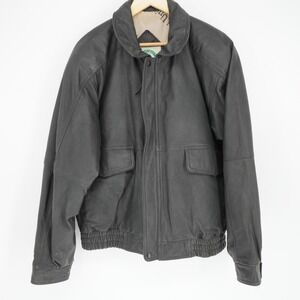 Burks Bay Mens Leather Bomber Jacket Large Black Pockets Classic Vintage 90s